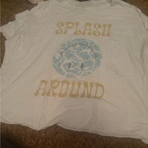 Aerie White Graphic Tee with Blue and Gold Design